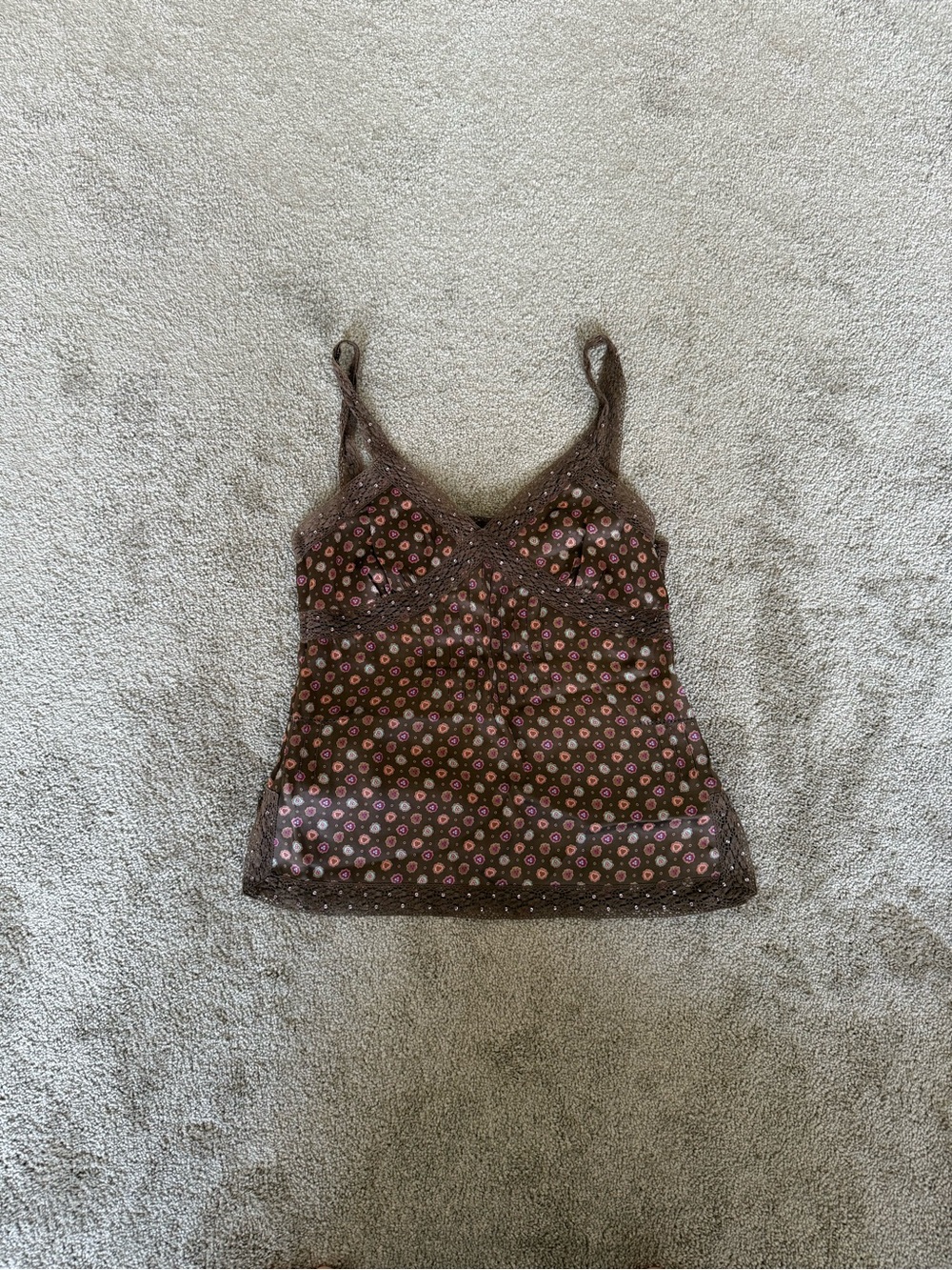 American Eagle Y2K Brown Floral Satin Cami Crochet Lace Sequin Trim Tank Top 2